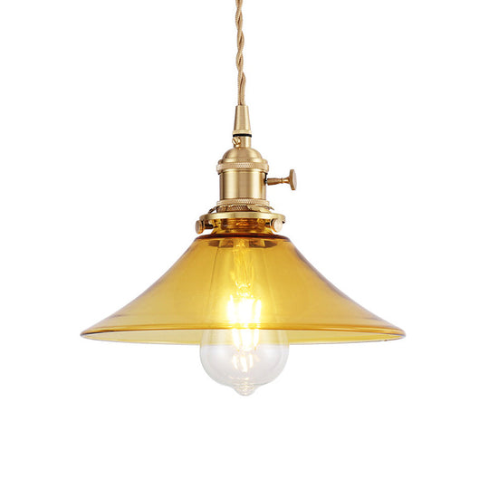 Farmhouse Amber Glass Conical Pendant Ceiling Light - Brass Finish Living Room Hanging Lamp