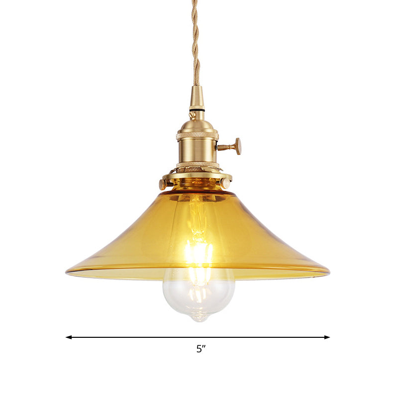 Farmhouse Amber Glass Conical Pendant Ceiling Light - Brass Finish Living Room Hanging Lamp