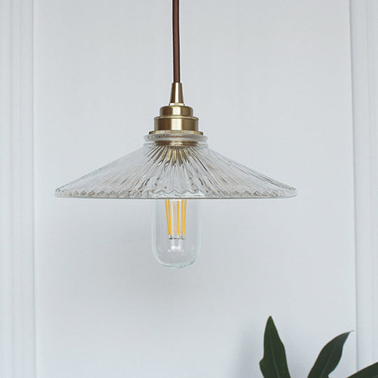 Vintage Ribbed Glass Pendant Light - Clear 1-Light Fixture with Wide Flare Hanging Design