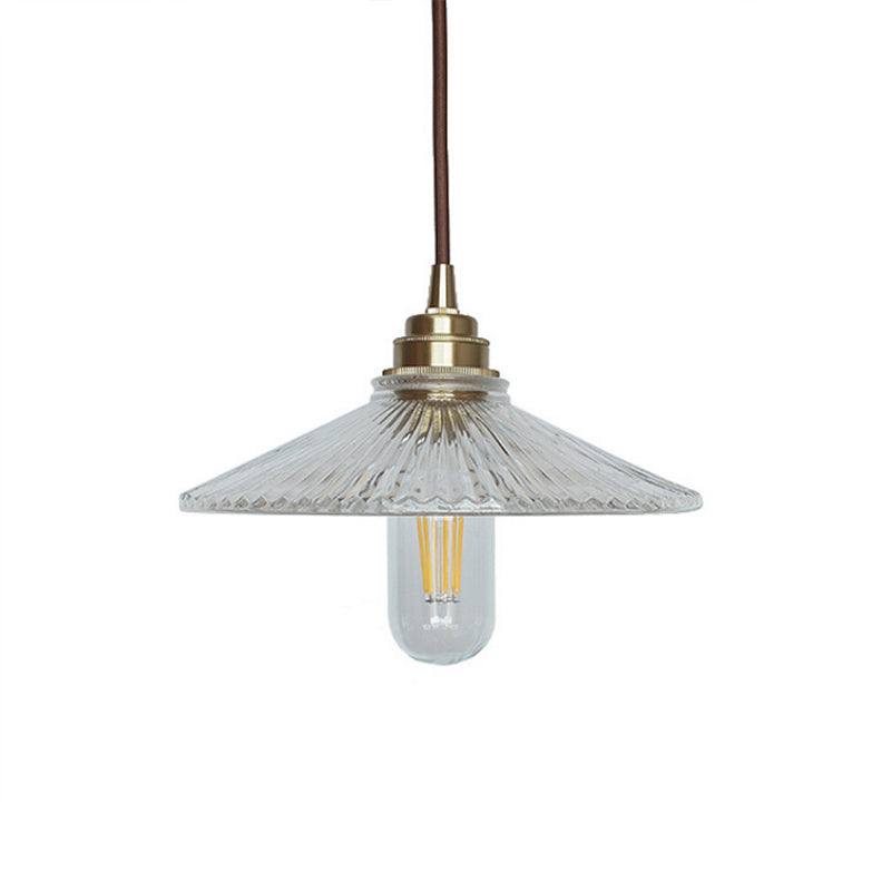 Vintage Ribbed Glass Pendant Light - Clear 1-Light Fixture With Wide Flare Elegant Hanging Ceiling