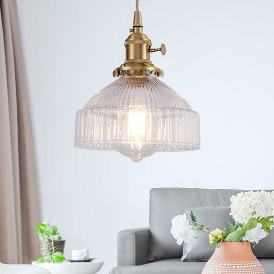 Industrial Clear Ribbed Glass Pendant Light Kit with Brass Fixture - Bowl Living Room Hanging Lighting