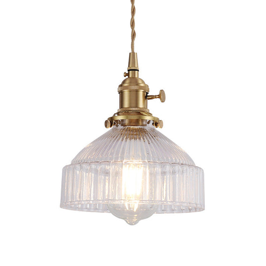 Industrial Clear Ribbed Glass Pendant Light Kit with Brass Fixture - Bowl Living Room Hanging Lighting