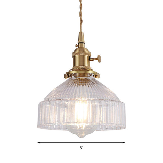 Industrial Clear Ribbed Glass Pendant Light Kit with Brass Fixture - Bowl Living Room Hanging Lighting