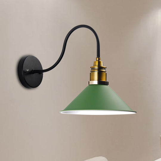 Industrial Metal Cone Pendant Light - Bronze/Black/White Hanging Lamp With Curved Arm