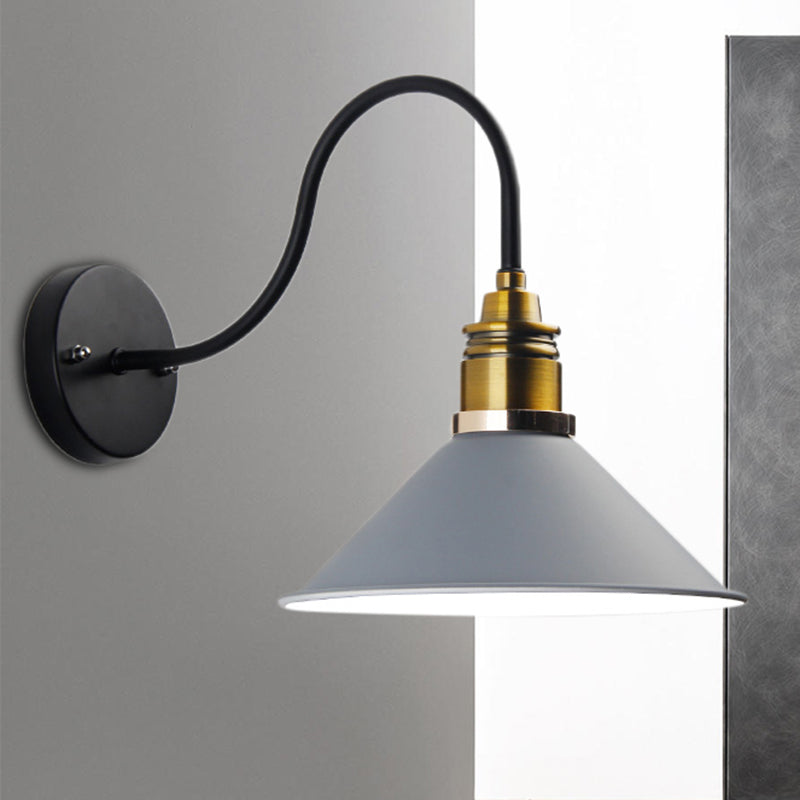 Industrial Metal Cone Pendant Light - Bronze/Black/White Hanging Lamp With Curved Arm