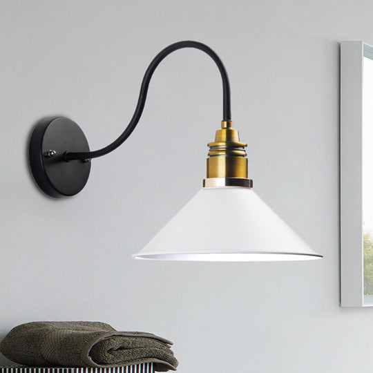 Industrial Metal Cone Pendant Light - Bronze/Black/White Hanging Lamp With Curved Arm