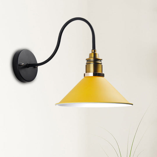 Industrial Metal Cone Pendant Light - Bronze/Black/White Hanging Lamp With Curved Arm