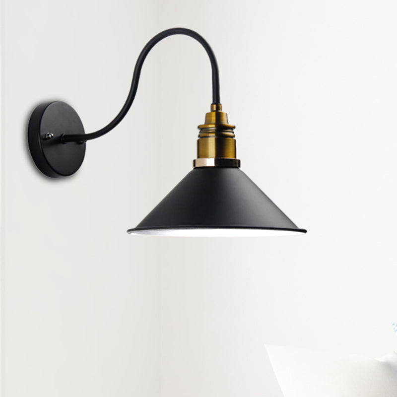 Industrial Metal Cone Pendant Light - Bronze/Black/White Hanging Lamp With Curved Arm