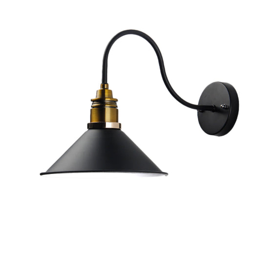 Industrial Metal Cone Pendant Light - Bronze/Black/White Hanging Lamp With Curved Arm