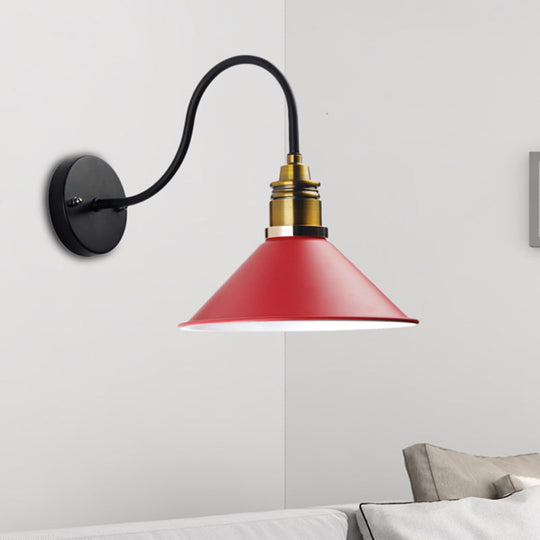 Industrial Metal Cone Pendant Light - Bronze/Black/White Hanging Lamp With Curved Arm