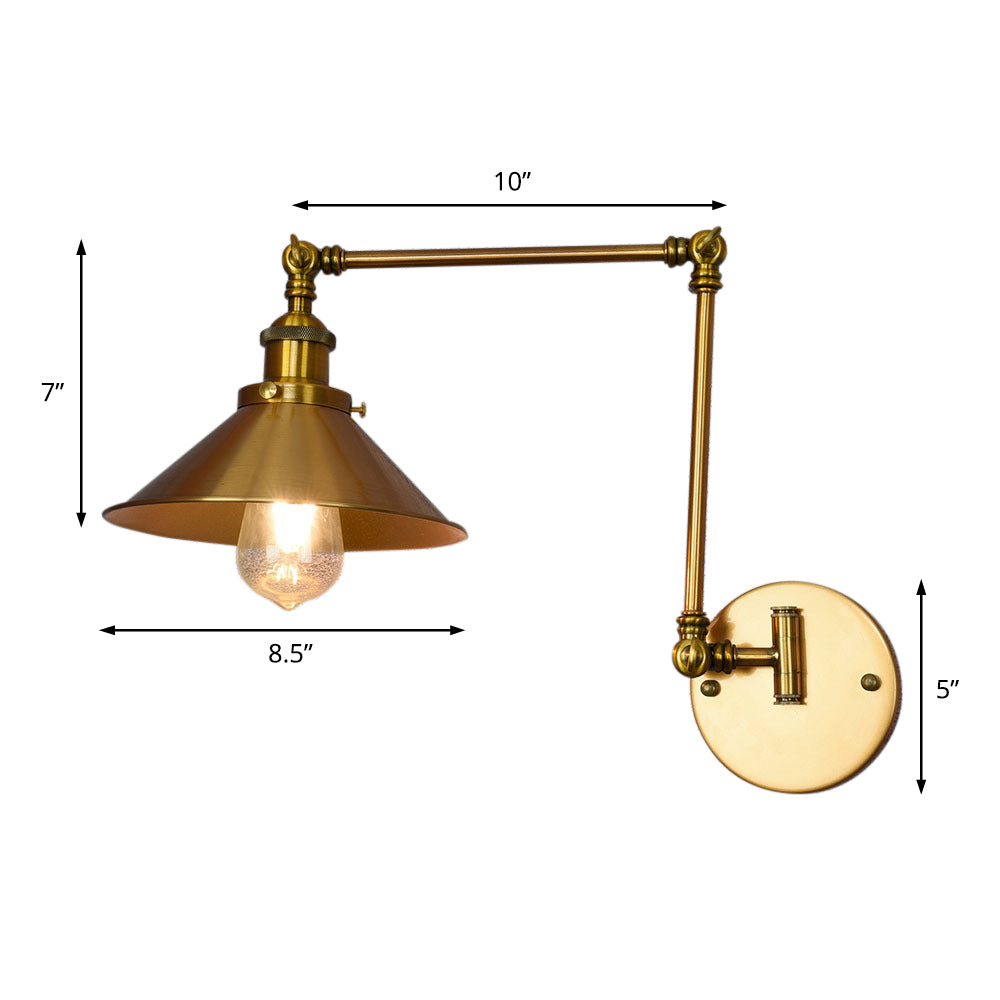 Brass Indoor Sconce Lighting Fixture With Cone Shade - Single Bulb Wall Light