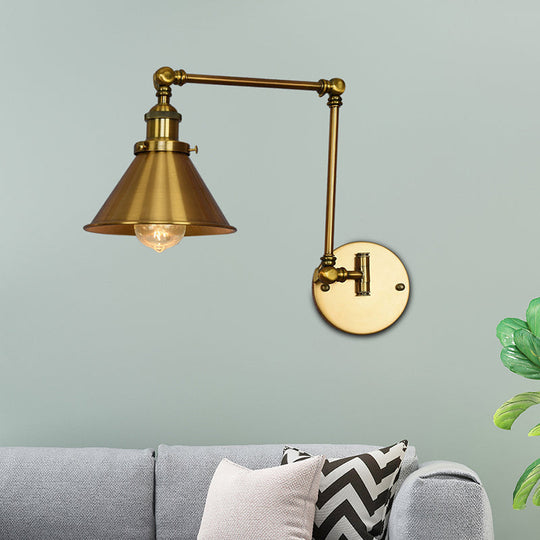 Industrial Brass Conical Wall Lamp - Elegant Metal Sconce Light For Living Room