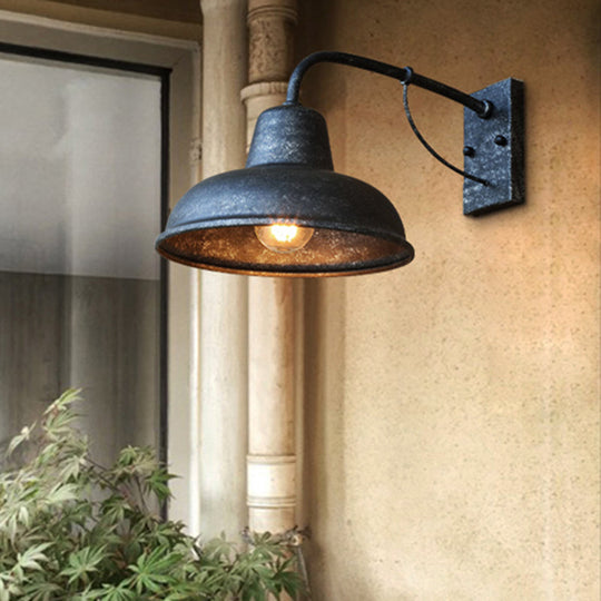 Industrial-Style Outdoor Wall Lamp: 1-Light Dome Sconce Fixture In Black/Matte Black Metal