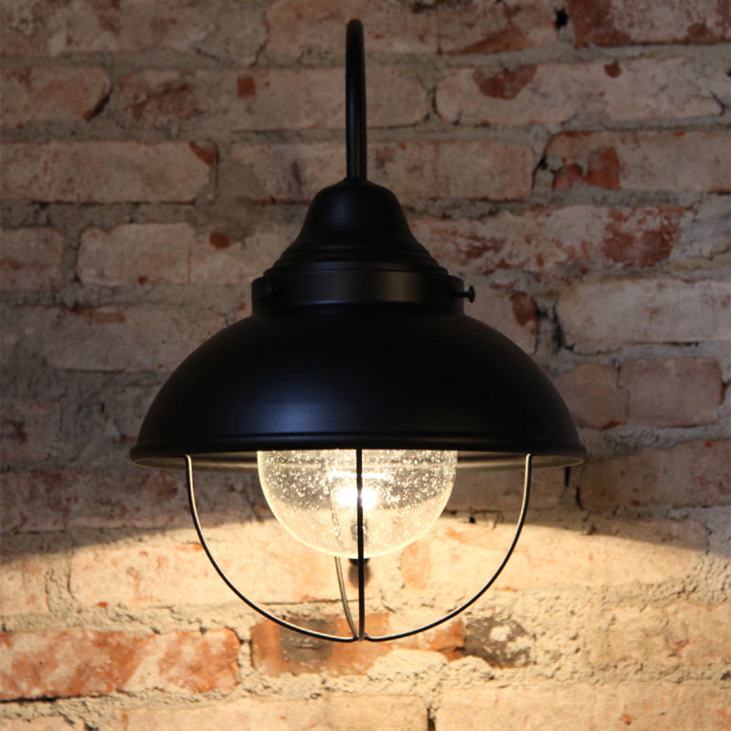 Industrial Cone Seeded Glass Wall Light In Black - Outdoor Sconce Lighting Fixture With Cage