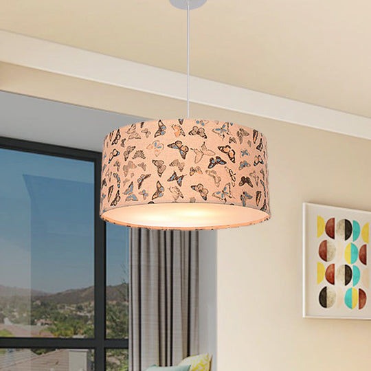 Modern Fabric Drum Hanging Light For Kids Bedroom - Child-Friendly Suspension