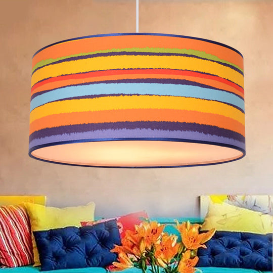 Modern Fabric Drum Hanging Light For Kids Bedroom - Child-Friendly Suspension Beige / 12 Striped