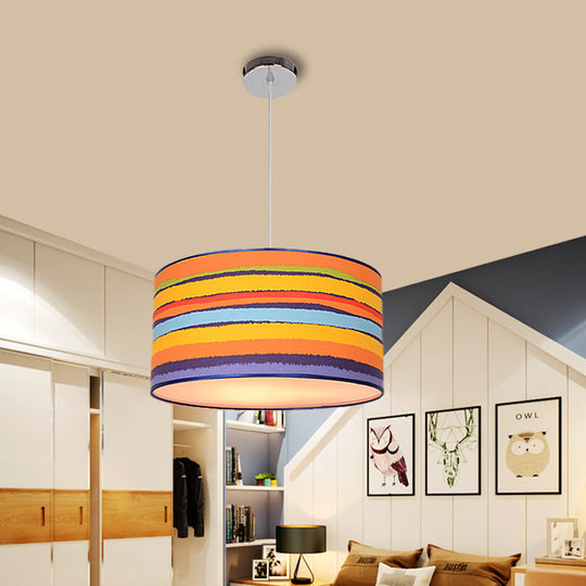 Modern Fabric Drum Hanging Light For Kids Bedroom - Child-Friendly Suspension