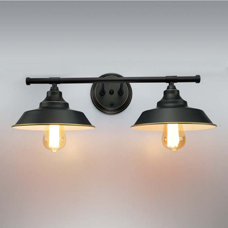 Industrial Black Wall Lamp With Round Backplate - 2 Lights Sconce For Living Room Or Barn