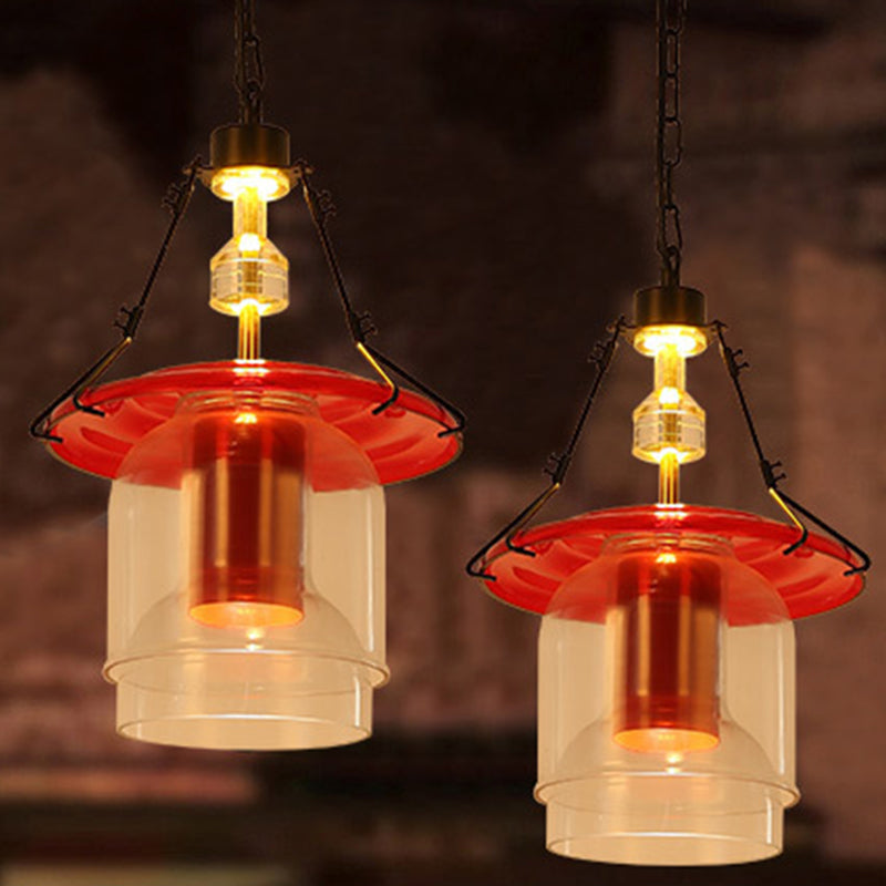 Industrial Red Clear Glass Pendant Light - 1 Cylinder/Cone Shape Hanging Ceiling Fixture In 12/19.5