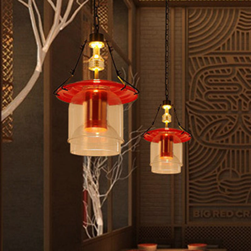 Industrial Red Clear Glass Pendant Light - 1 Cylinder/Cone Shape Hanging Ceiling Fixture In 12/19.5