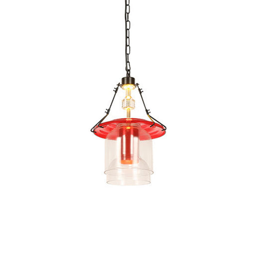 Industrial Red Clear Glass Pendant Light - 1 Cylinder/Cone Shape Hanging Ceiling Fixture In 12/19.5