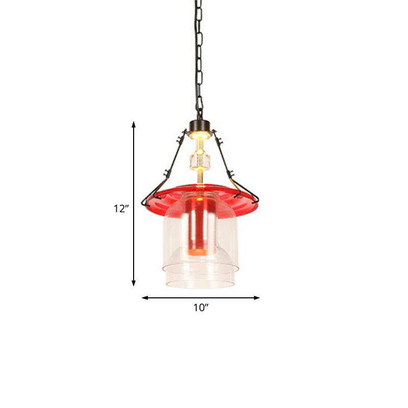 Industrial Red Clear Glass Pendant Light - 1 Cylinder/Cone Shape Hanging Ceiling Fixture In 12/19.5