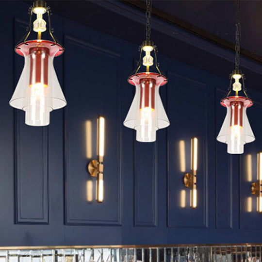 Industrial Red Clear Glass Pendant Light - 1 Cylinder/Cone Shape Hanging Ceiling Fixture In 12/19.5