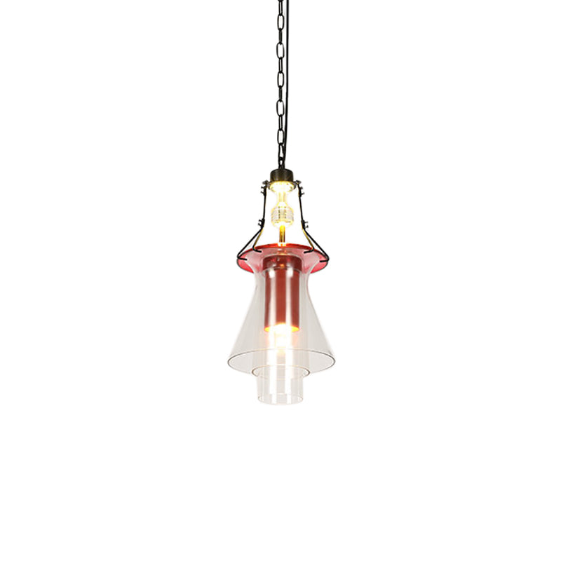 Industrial Red Clear Glass Pendant Light - 1 Cylinder/Cone Shape Hanging Ceiling Fixture In 12/19.5