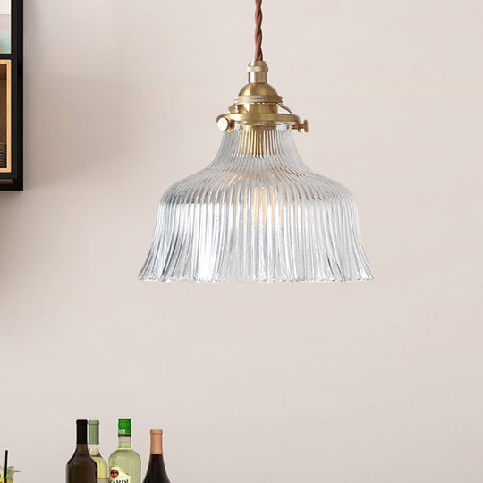 Industrial Clear Textured Glass Pendant Lamp - 1 Light Brass Barn Hanging - Indoor, 6"/8