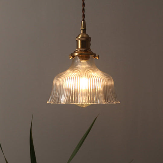 Industrial Clear Textured Glass Pendant Lamp - 1 Light Brass Barn Hanging - Indoor, 6"/8