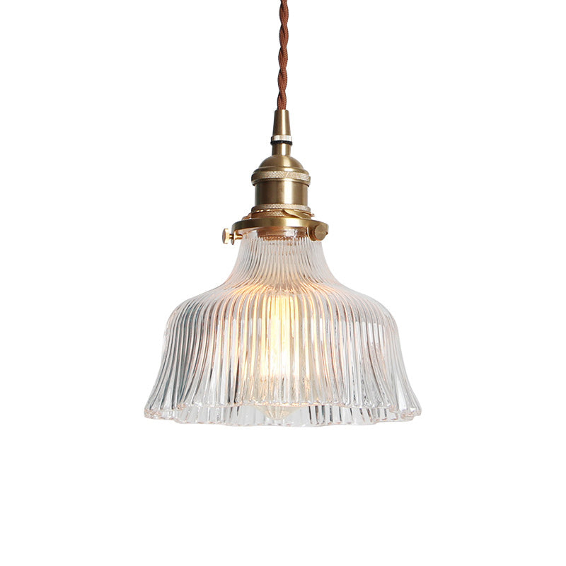 Industrial Clear Textured Glass Pendant Lamp - 1 Light Brass Barn Hanging - Indoor, 6"/8