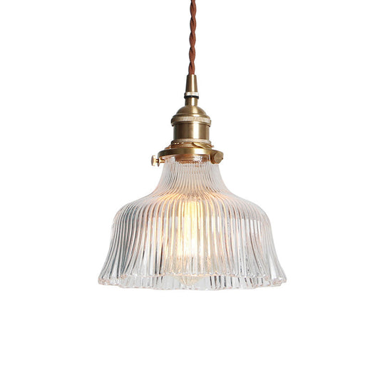 Industrial Clear Textured Glass Barn Hanging Lamp - Brass 1-Light Pendant Lighting For Indoor (6/8)