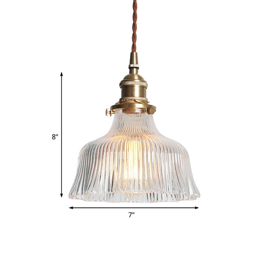 Industrial Clear Textured Glass Pendant Lamp - 1 Light Brass Barn Hanging - Indoor, 6"/8