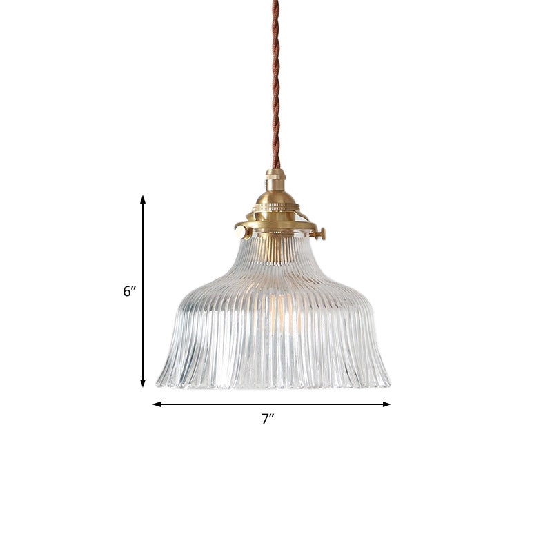 Industrial Clear Textured Glass Pendant Lamp - 1 Light Brass Barn Hanging - Indoor, 6"/8