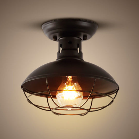 Industrial Dome Metal Ceiling Light with Cage in Black - Single Bulb Semi Flush Mount