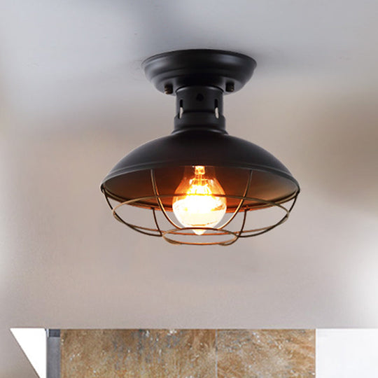 Industrial Dome Metal Ceiling Light with Cage in Black - Single Bulb Semi Flush Mount