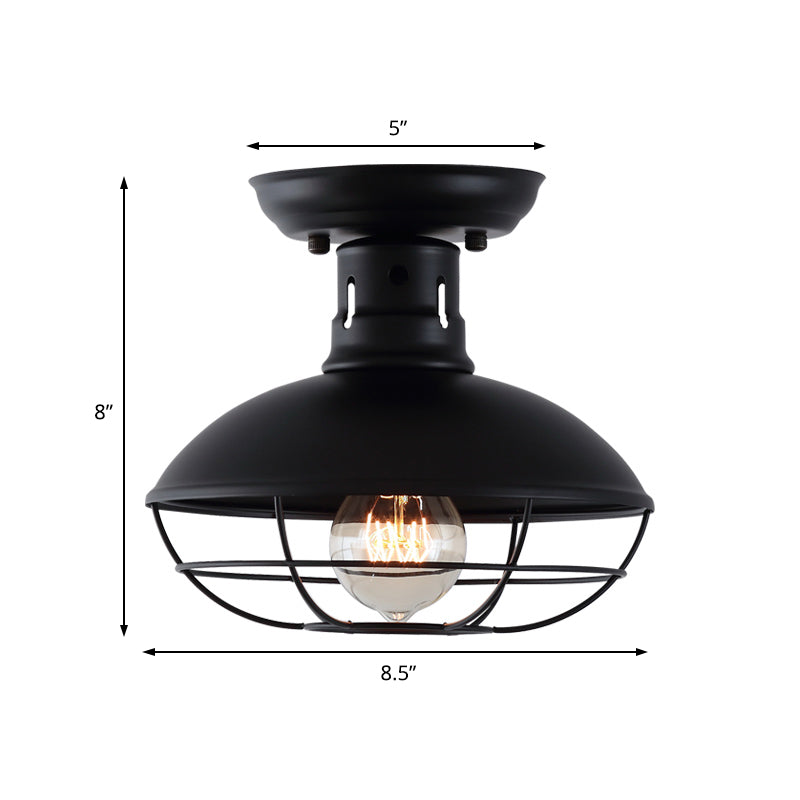 Industrial Dome Metal Ceiling Light with Cage in Black - Single Bulb Semi Flush Mount