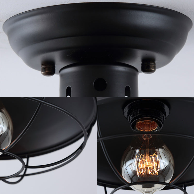 Industrial Dome Metal Ceiling Light with Cage in Black - Single Bulb Semi Flush Mount