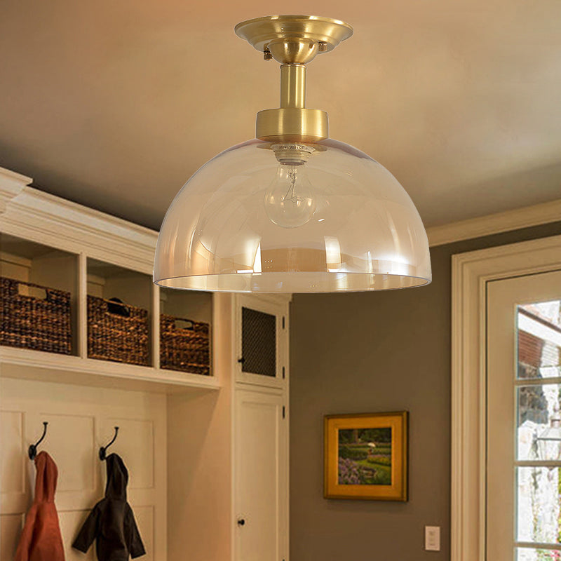 Amber Glass Dome Ceiling Light Fixture in Brass - Industrial Semi Flush for Living Room