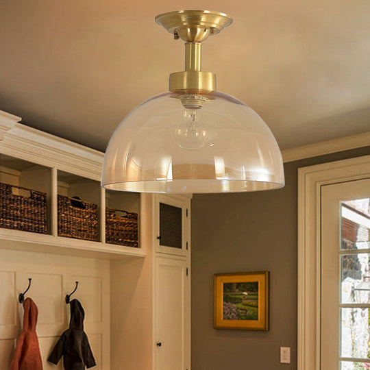 Amber Glass Dome Ceiling Light Fixture In Brass - Industrial Semi Flush For Living Room