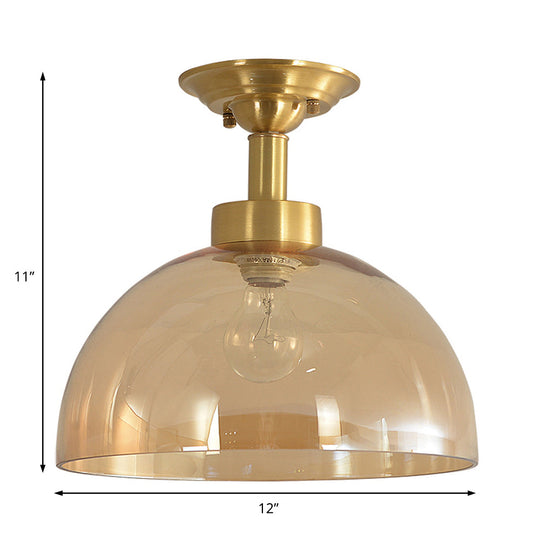 Amber Glass Dome Ceiling Light Fixture in Brass - Industrial Semi Flush for Living Room