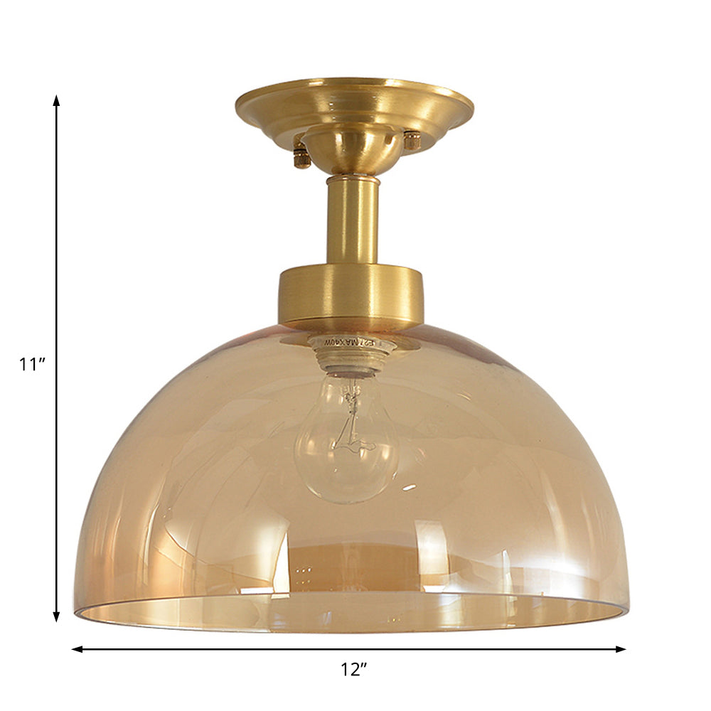 Amber Glass Dome Ceiling Light Fixture In Brass - Industrial Semi Flush For Living Room