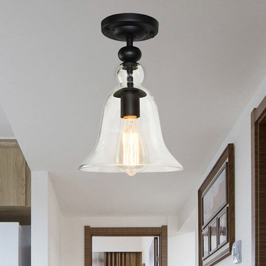 Industrial Black Semi Flush Mount Ceiling Light with Clear Glass Bell Shade for Living Room