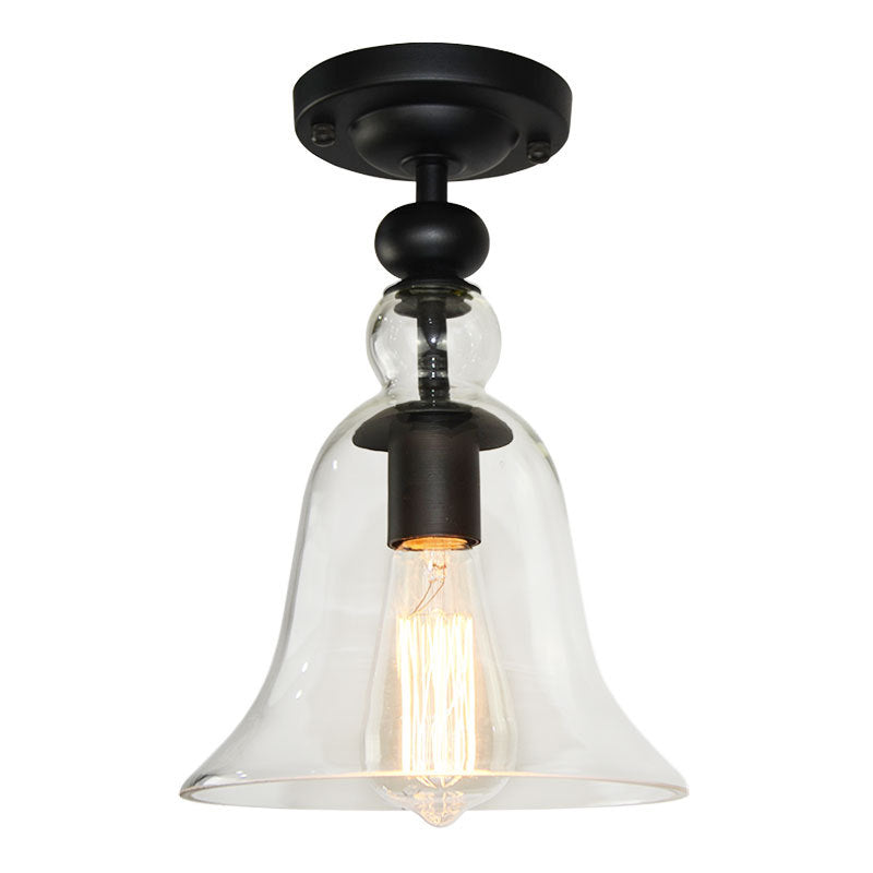 Industrial Black Semi Flush Mount Ceiling Light with Clear Glass Bell Shade for Living Room