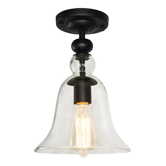 Industrial Black Semi Flush Mount Ceiling Light With Clear Glass Bell Shade For Living Room