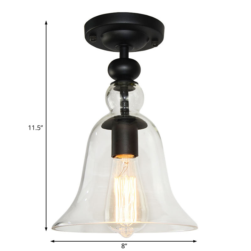 Industrial Black Semi Flush Mount Ceiling Light with Clear Glass Bell Shade for Living Room