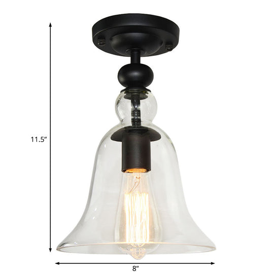 Industrial Black Semi Flush Mount Ceiling Light with Clear Glass Bell Shade for Living Room