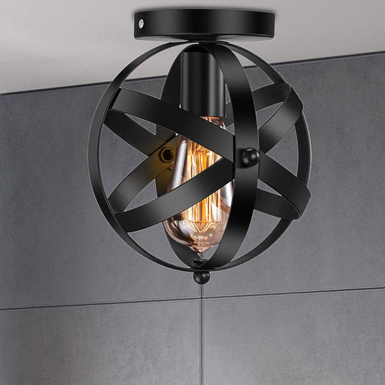 Black Metal Semi Flush Mount Ceiling Light with Single Bulb & Industrial Strap Globe