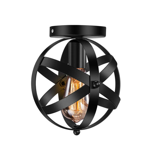 Black Metal Semi Flush Mount Ceiling Light with Single Bulb & Industrial Strap Globe