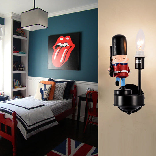 Kids Study Room Soldier Wall Lamp: Resin Single Light Sconce With Candle Black